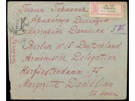 Sowjet-Republik,  4 x 5000 R. und 3000 R. "Hungerhilfe" rückseitig auf Einschreibbrief mit Stempel  Tiflis  11.11.22 und russ