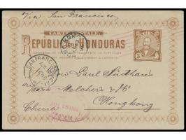 Ganzsache 3 C. mit rotem Stempel  Amapala  28.7.1896  nach Hongkong,  Durchgangsstempel San Francisco 16.8.96 und Ankunftstem