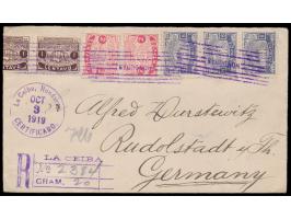 3 x 1 C. (1 x rückseitig), 2 x 2 C. und 3 x 6 C. Bauwerke 1915 auf  Einschreibbrief  nach Deutschland, entwertet mit Strichst