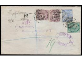 QV 1/2 A., 2 x 1 A. und 2 A. mit  Perfin "B&amp;Co"  (Binny &amp; Co.) auf Einschreibbrief nach Deutschland, Stempel  Madras 