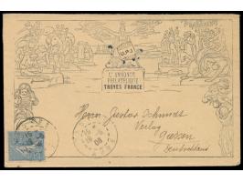 25 C. auf Umschlag mit  Mulready-Imitation  "L´Annonce Philatelique Troyes, France", Stempel Troyes 19.6.06, nach Deutschland