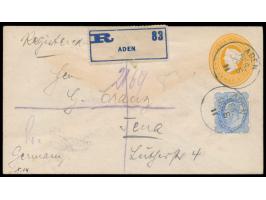 Aden,  Ganzsachenumschlag  QV  2 A. 6 P. mit Zusatzfrankatur  KE VII.  2 A. 6 P. als Einschreiben nach Deutschland, Stempel  