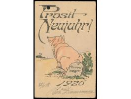 Ganzsache 1/4 A. mit rückseitigem Bildzudruck  "Prosit Neujahr! Ahmednagar 1920" , R2 "Service from Prisoner of War / Free Po