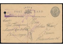 Ganzsache 1/4 A. mit rückseitigem Bildzudruck  "Prosit Neujahr! Ahmednagar 1920" , R2 "Service from Prisoner of War / Free Po