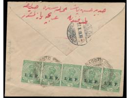 5 x  Indien I.E.F.  1/2 Anna rückseitig auf Brief mit Stempel  Bagdad  19.8.18 in die Schweiz, indischer Zensurstempel "Passe