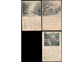 Lot von sieben 1 Sen-Ganzsachen mit rückseitig verschiedenen mehrfarbigen Bildern, alle mit Zusatzfrankatur 3 Sen Koban, alle