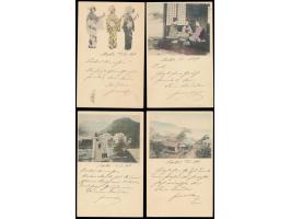 Lot von zehn 2 Sen-Ganzsachen mit rückseitig verschiedenen mehrfarbigen Bildern, alle mit Zusatzfrankatur 2 Sen Koban, alle m