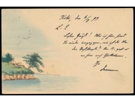 Ganzsache 4 Sen mit rückseitig mehrfarbiger  Tuschezeichnung  (Landschaft) nach Deutschland, Stempel  Kobe   / Japan  7.7.99,