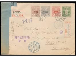 Tazawa (Faserpapier) 2, 4, 6 und 8 Sen auf  Einschreibbrief  mit japanischem Stempel 11.10.9 (1920) und R-Zettel  Bahnhof Shi