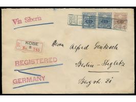 Tazawa 6 Sen und 2 x 10 Sen (Faserpapier) auf Auslands-Einschreibbrief "via Siberia" nach Deutschland, entwertet mit  Rollste