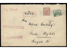 Tazawa 30 Sen (Faserpapier) und 2 Sen Fuji (Scenery) auf Auslands-Einschreibbrief "via Siberia" nach Deutschland, entwertet m