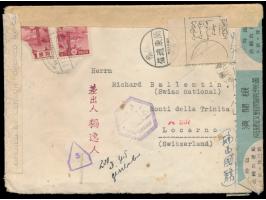 2 x Showa 10 Sen (eine Marke stark beschädigt) auf Brief aus Dairen 1944 via Sibirien und Türkei In die Schweiz, neben der An