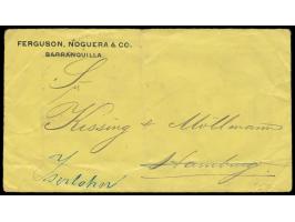 Zehnerblock  1 C. rot auf gelb (1892) mit Seitenrand links rückseitig auf Firmenbrief aus Barranquilla nach Hamburg und weite