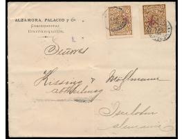 Cartagena-Ausgabe:  2 x 10 C. braun mit Kontrollaufdruck (Stern), dreiseitig durchstochen (1902), auf Firmenbrief nach Deutsc