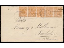 waagerechter Fünferstreifen  Un Peso  braunocker (General Pinzon) auf Brief nach Deutschland, Stempel  Barranquilla  4.6.1904