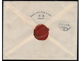 Japanische Post, Kiku-Serie 2 x 3 Sen und 10 Sen auf  Einschreibbrief  mit Stempel  Incheon  7.2.45 (1912) nach Deutschland, 
